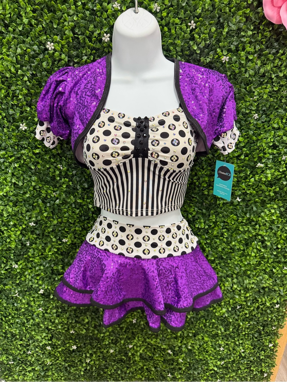 Purple Sequin Polka Dot Striped Dance Set